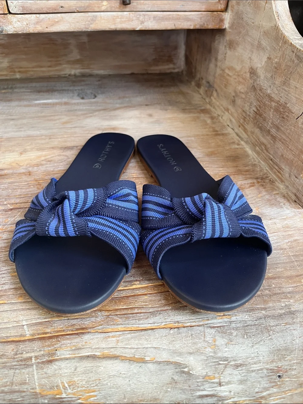 💙 Rothy's The Knot Slide Sandals Size 7 Cobalt Blue Stripe Summer